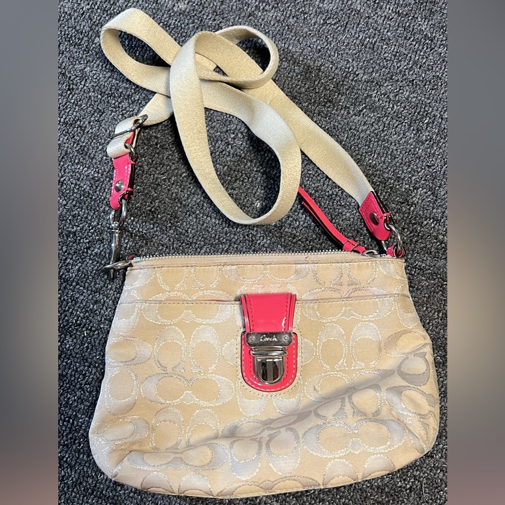 khaki & pink coach crossbody bag